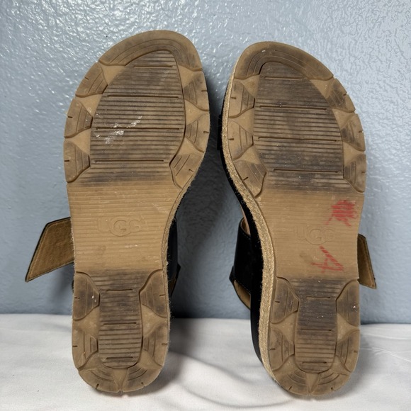UGG Women 8 April Espadrille Platform Sandal Black Leather Buckle Strap EUC